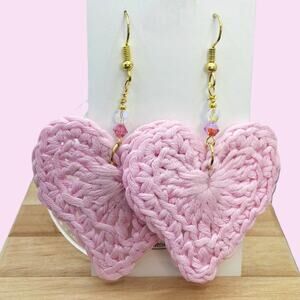 Pink Heart Crochet Earrings Handmade Statement Dangle Swarovski Crystals NEW